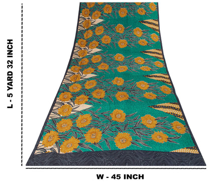 Sanskriti Vintage Saree Blue Pure Crepe Floral Printed Sari 5.5+Yd Craft Fabric