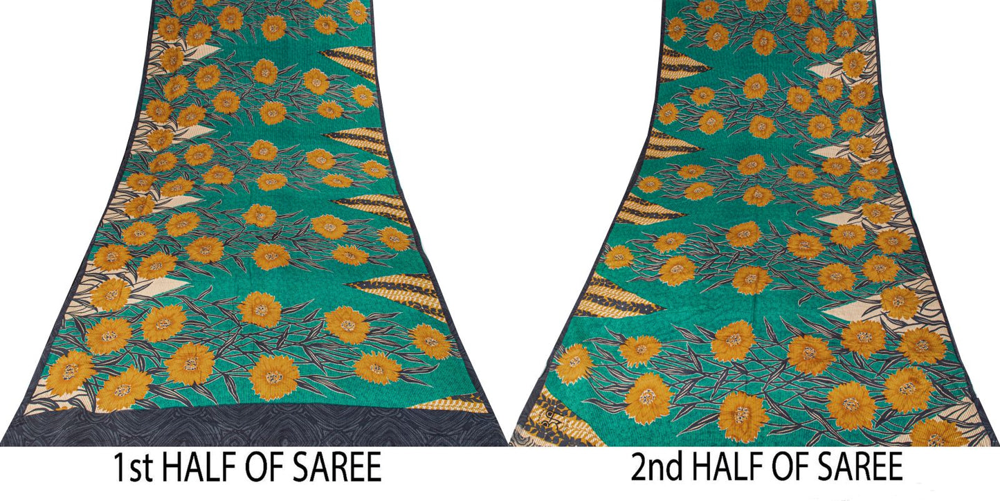 Sanskriti Vintage Saree Blue Pure Crepe Floral Printed Sari 5.5+Yd Craft Fabric