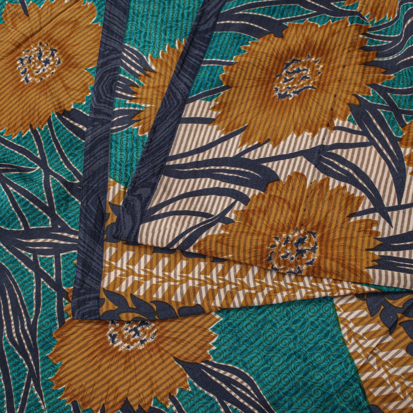 Sanskriti Vintage Saree Blue Pure Crepe Floral Printed Sari 5.5+Yd Craft Fabric