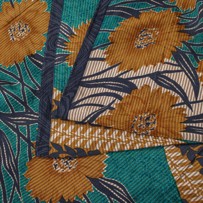 Sanskriti Vintage Saree Blue Pure Crepe Floral Printed Sari 5.5+Yd Craft Fabric