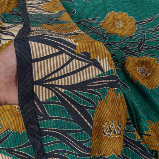 Sanskriti Vintage Saree Blue Pure Crepe Floral Printed Sari 5.5+Yd Craft Fabric