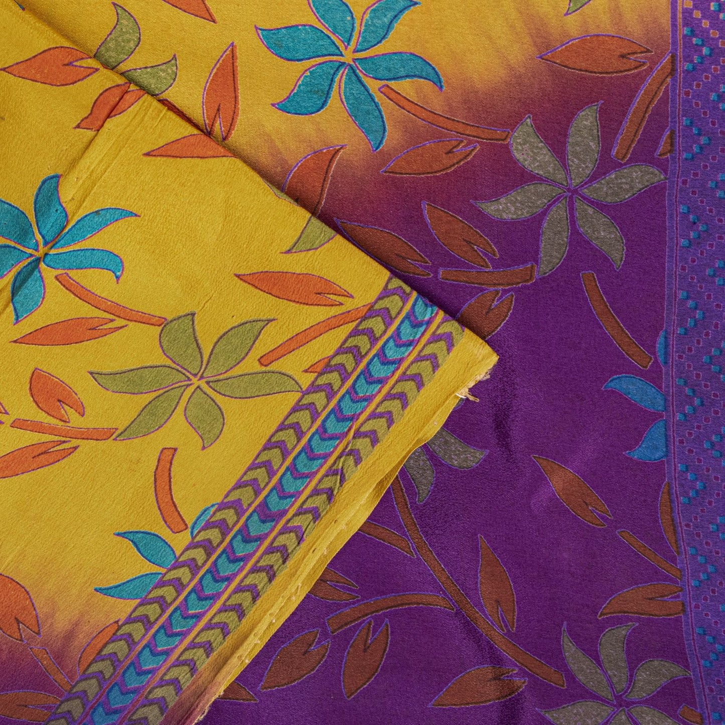Sanskriti Vintage Saree Violet-Yellow Pure Crepe Floral Printed Sari 6Yd Fabric