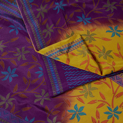 Sanskriti Vintage Saree Violet-Yellow Pure Crepe Floral Printed Sari 6Yd Fabric