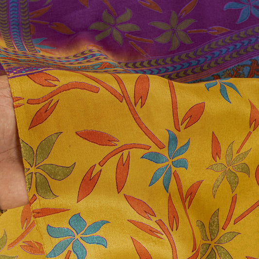 Sanskriti Vintage Saree Violet-Yellow Pure Crepe Floral Printed Sari 6Yd Fabric