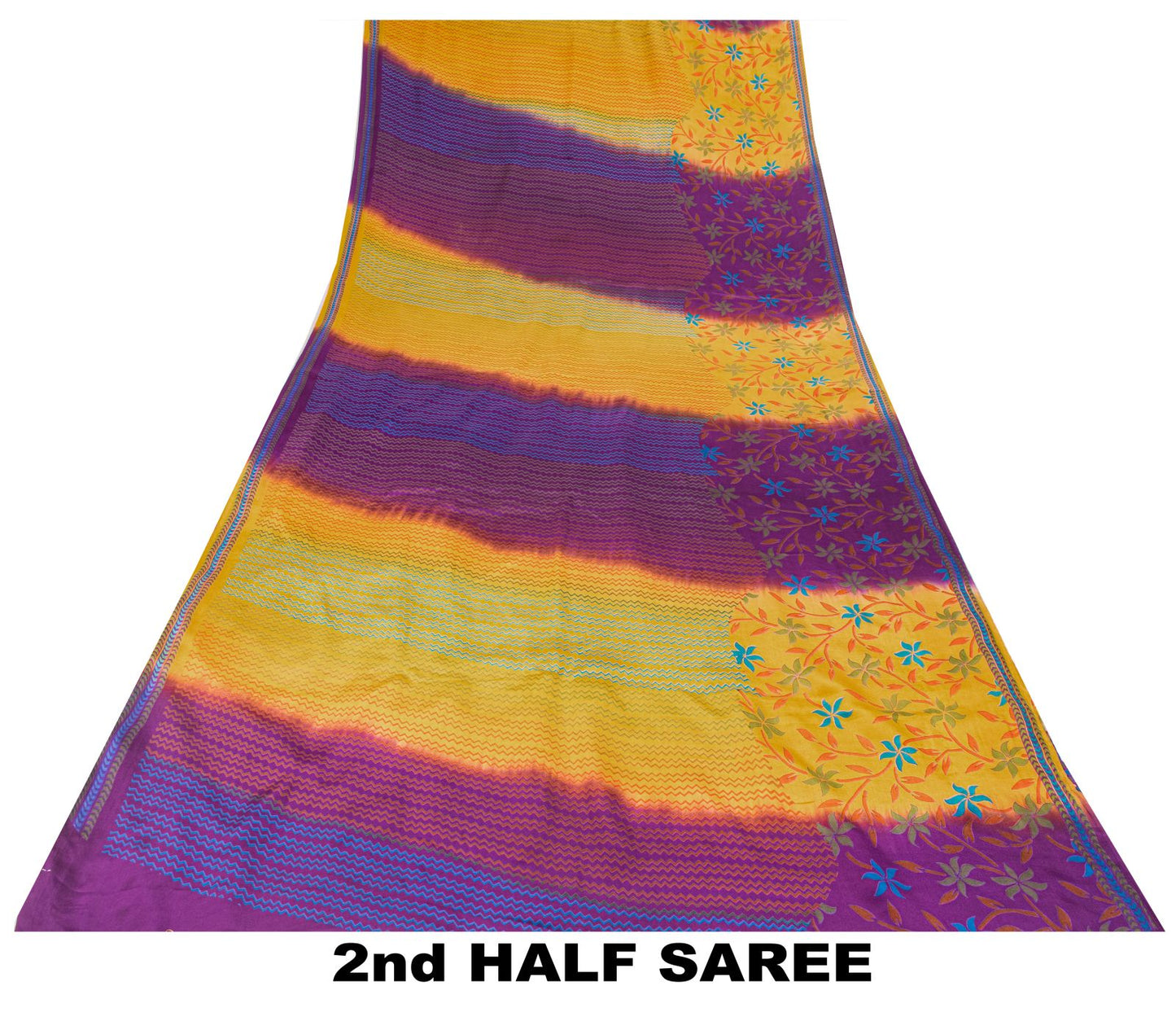 Sanskriti Vintage Saree Violet-Yellow Pure Crepe Floral Printed Sari 6Yd Fabric