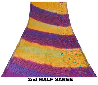 Sanskriti Vintage Saree Violet-Yellow Pure Crepe Floral Printed Sari 6Yd Fabric