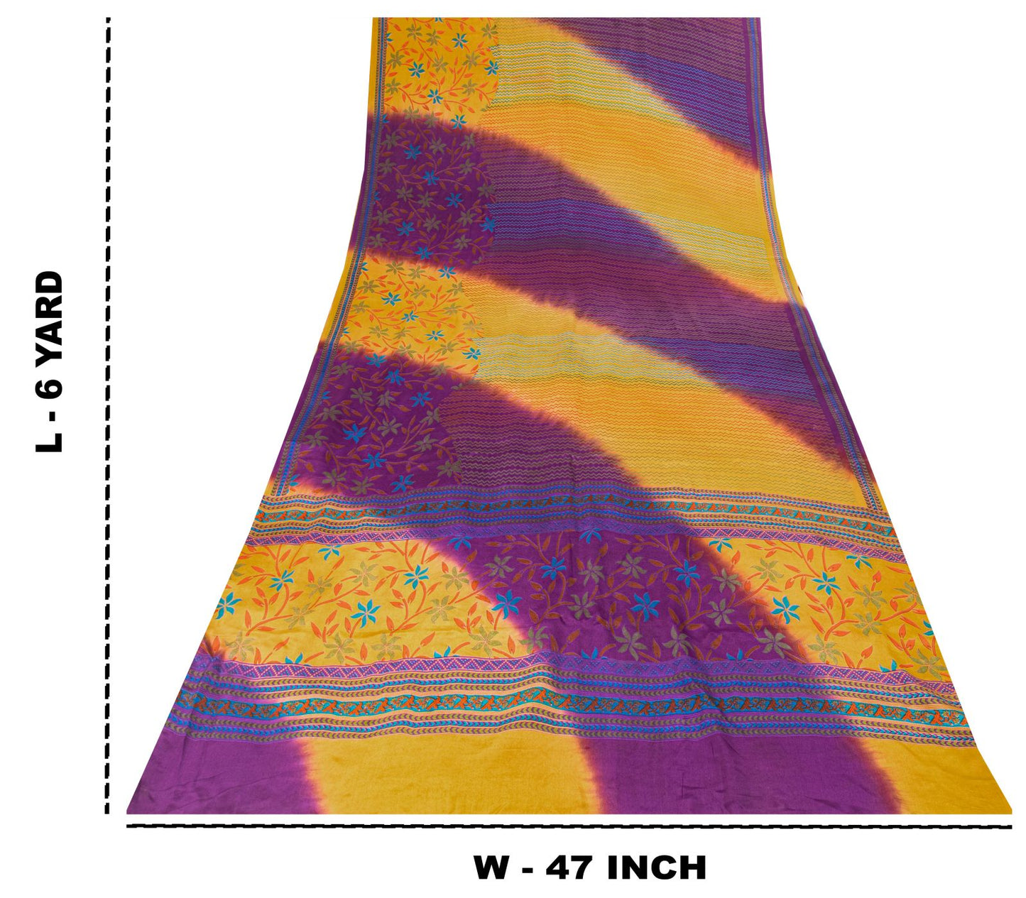 Sanskriti Vintage Saree Violet-Yellow Pure Crepe Floral Printed Sari 6Yd Fabric