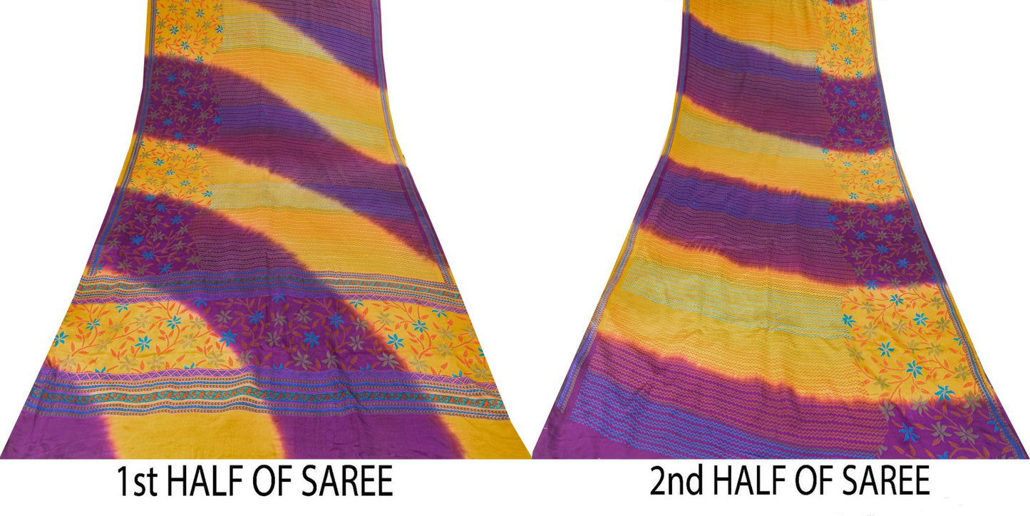 Sanskriti Vintage Saree Violet-Yellow Pure Crepe Floral Printed Sari 6Yd Fabric