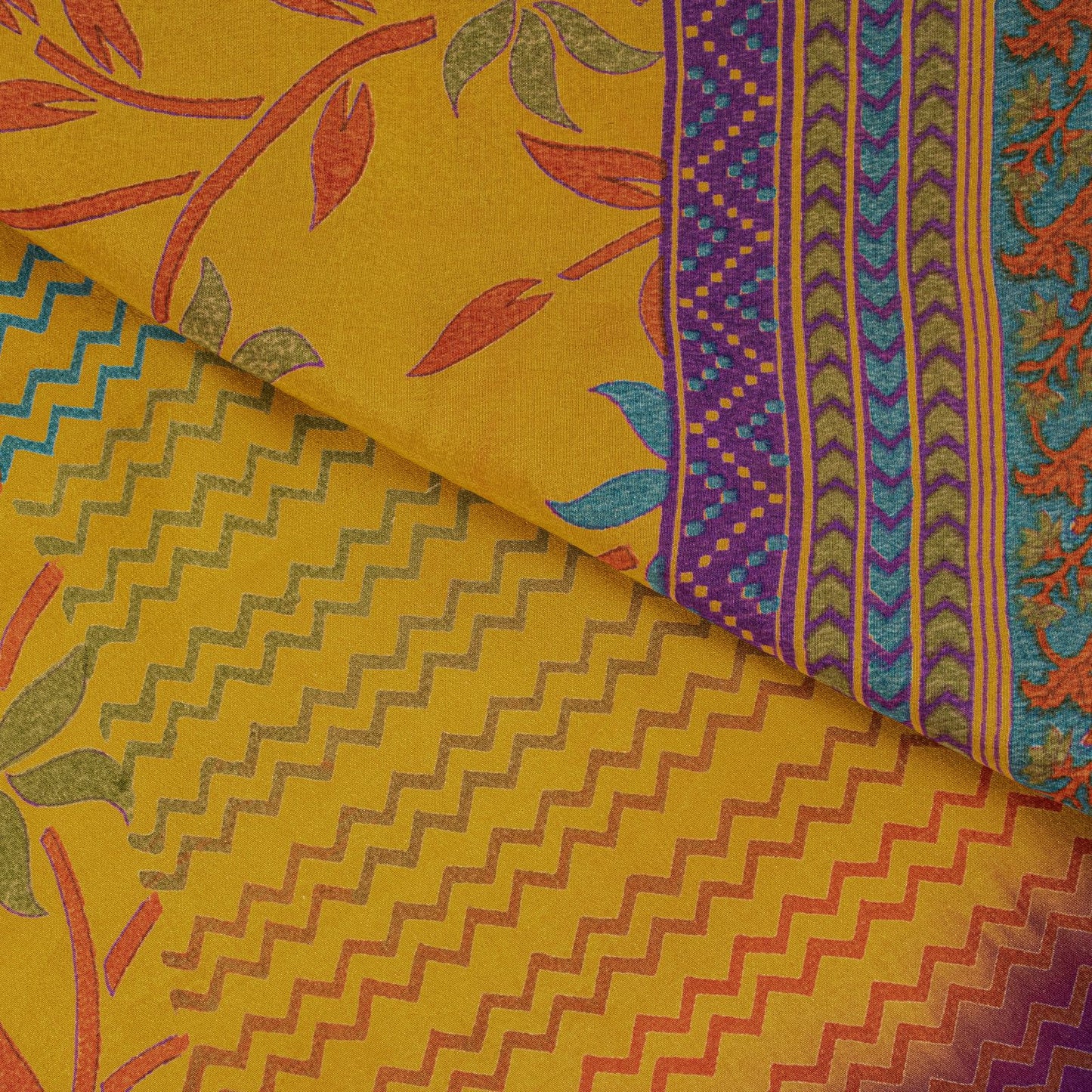 Sanskriti Vintage Saree Violet-Yellow Pure Crepe Floral Printed Sari 6Yd Fabric