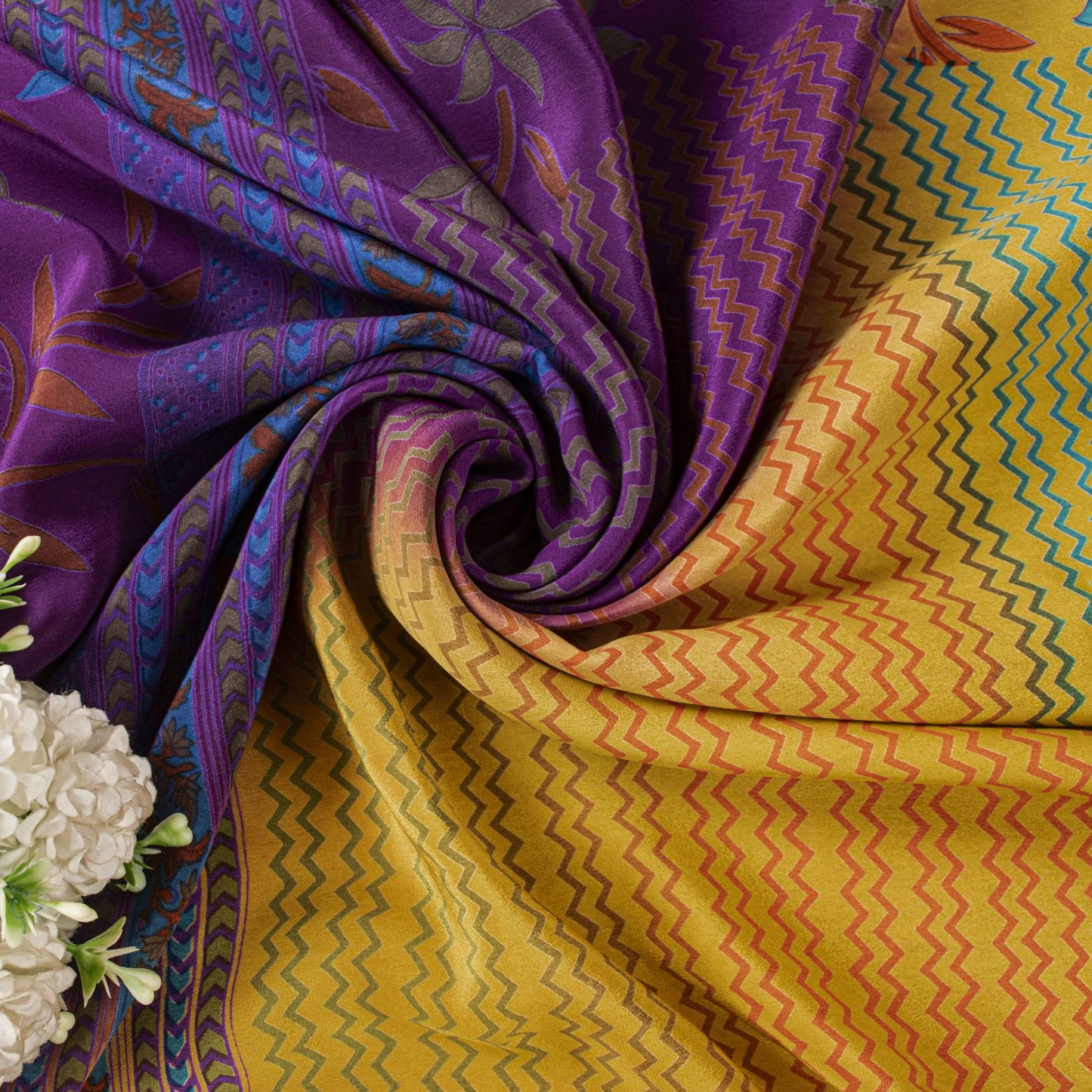 Sanskriti Vintage Saree Violet-Yellow Pure Crepe Floral Printed Sari 6Yd Fabric