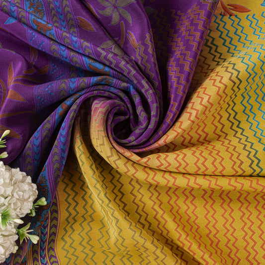 Sanskriti Vintage Saree Violet-Yellow Pure Crepe Floral Printed Sari 6Yd Fabric