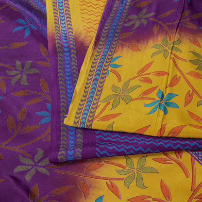 Sanskriti Vintage Saree Violet-Yellow Pure Crepe Floral Printed Sari 6Yd Fabric