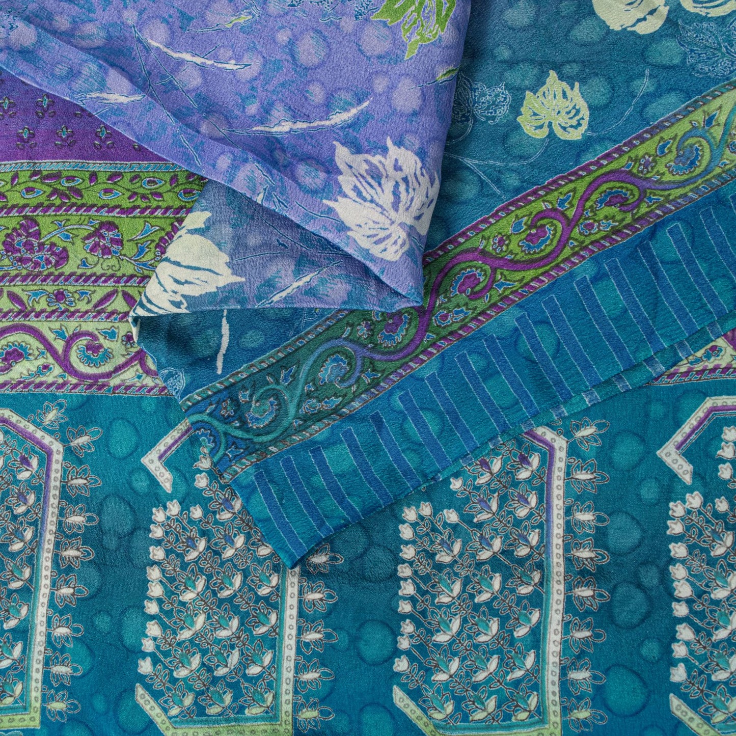 Sanskriti Vintage Saree Blue 100%Pure Crepe Floral Printed Sari 6Yd Craft Fabric