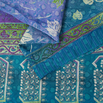 Sanskriti Vintage Saree Blue 100%Pure Crepe Floral Printed Sari 6Yd Craft Fabric