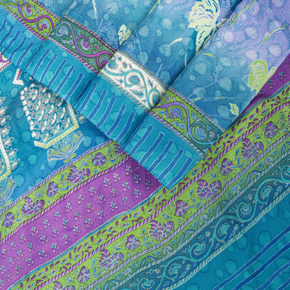 Sanskriti Vintage Saree Blue 100%Pure Crepe Floral Printed Sari 6Yd Craft Fabric
