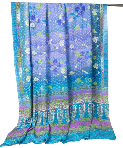 Sanskriti Vintage Saree Blue 100%Pure Crepe Floral Printed Sari 6Yd Craft Fabric