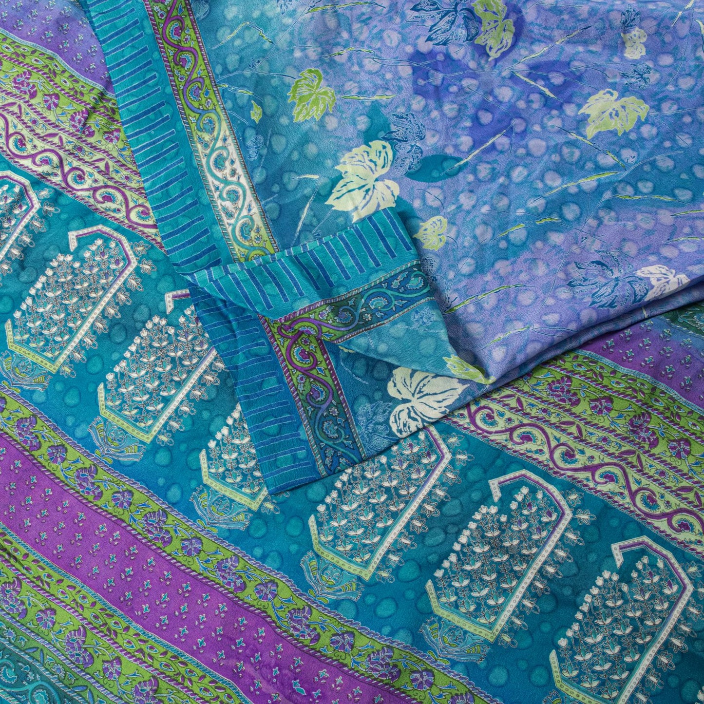 Sanskriti Vintage Saree Blue 100%Pure Crepe Floral Printed Sari 6Yd Craft Fabric