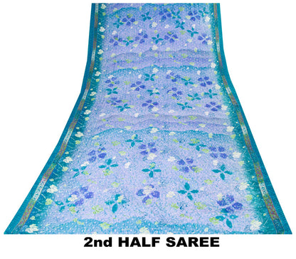 Sanskriti Vintage Saree Blue 100%Pure Crepe Floral Printed Sari 6Yd Craft Fabric