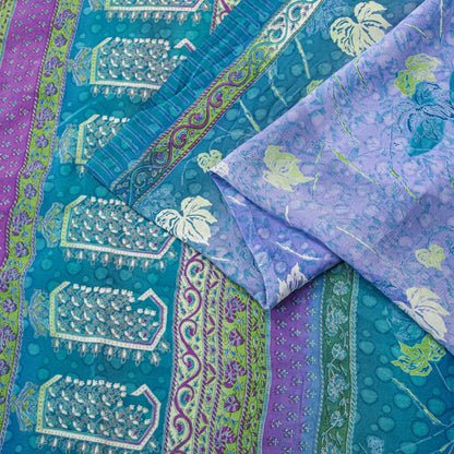 Sanskriti Vintage Saree Blue 100%Pure Crepe Floral Printed Sari 6Yd Craft Fabric
