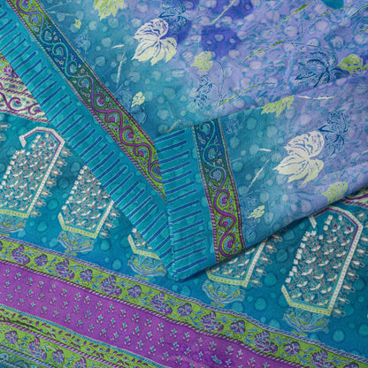Sanskriti Vintage Saree Blue 100%Pure Crepe Floral Printed Sari 6Yd Craft Fabric