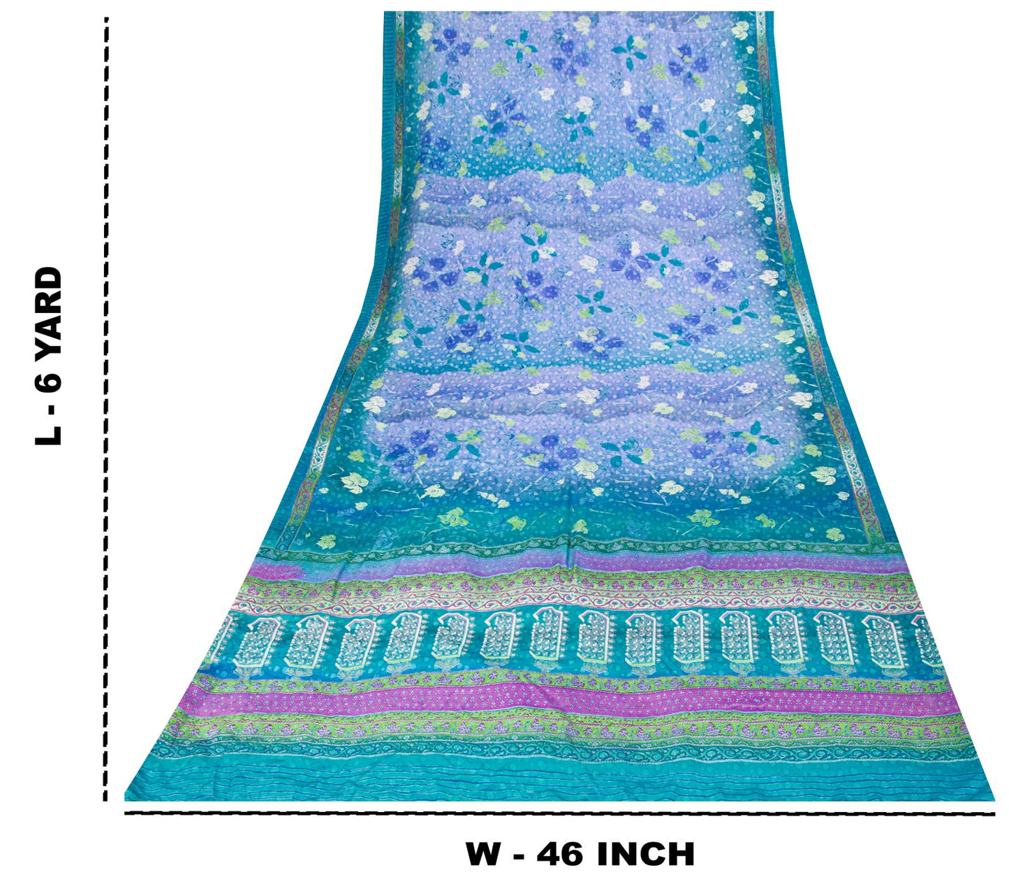 Sanskriti Vintage Saree Blue 100%Pure Crepe Floral Printed Sari 6Yd Craft Fabric
