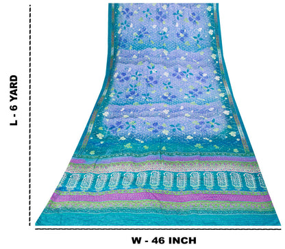 Sanskriti Vintage Saree Blue 100%Pure Crepe Floral Printed Sari 6Yd Craft Fabric