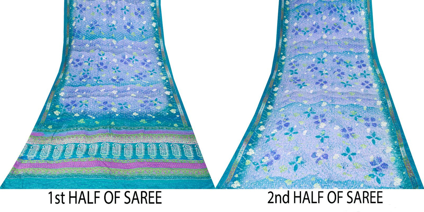 Sanskriti Vintage Saree Blue 100%Pure Crepe Floral Printed Sari 6Yd Craft Fabric