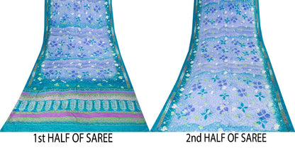 Sanskriti Vintage Saree Blue 100%Pure Crepe Floral Printed Sari 6Yd Craft Fabric