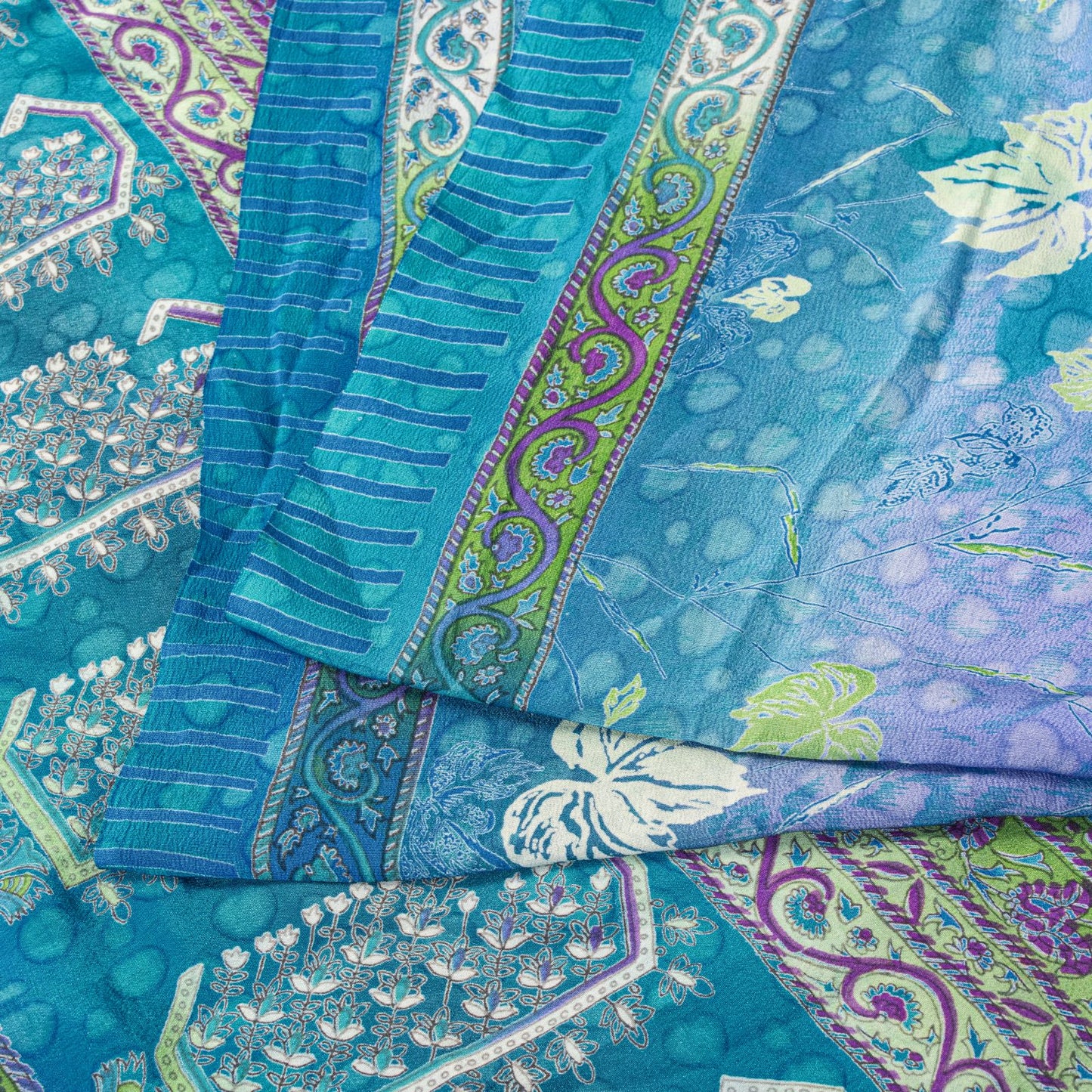 Sanskriti Vintage Saree Blue 100%Pure Crepe Floral Printed Sari 6Yd Craft Fabric