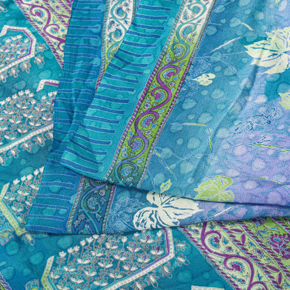 Sanskriti Vintage Saree Blue 100%Pure Crepe Floral Printed Sari 6Yd Craft Fabric