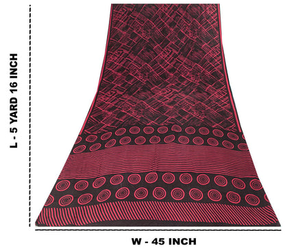 Sanskriti Vintage Saree Black Pure Crepe Abstract Print Sari 5+Yd Craft Fabric