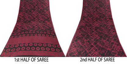 Sanskriti Vintage Saree Black Pure Crepe Abstract Print Sari 5+Yd Craft Fabric