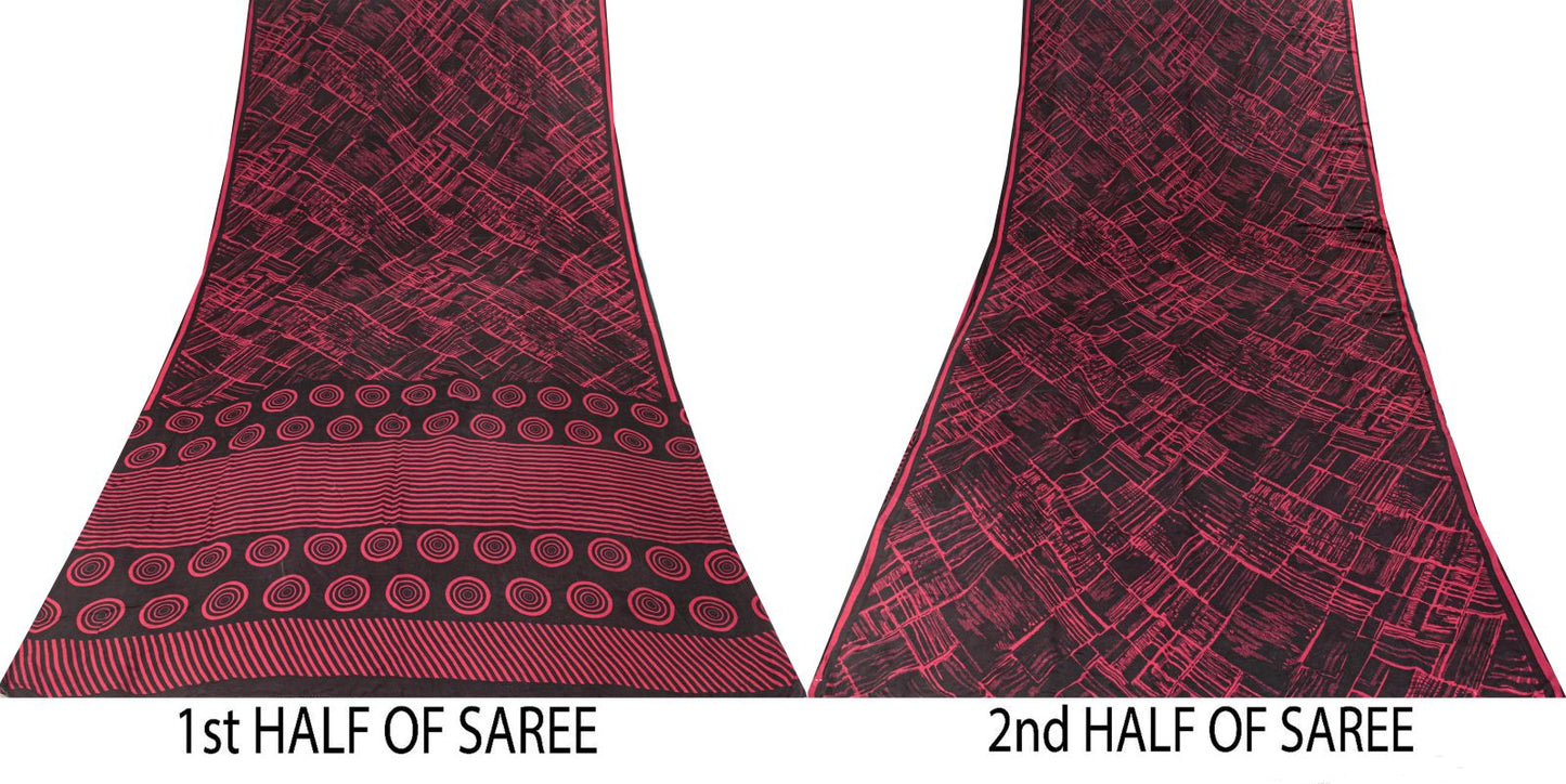 Sanskriti Vintage Saree Black Pure Crepe Abstract Print Sari 5+Yd Craft Fabric