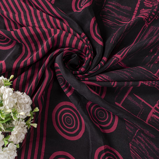 Sanskriti Vintage Saree Black Pure Crepe Abstract Print Sari 5+Yd Craft Fabric
