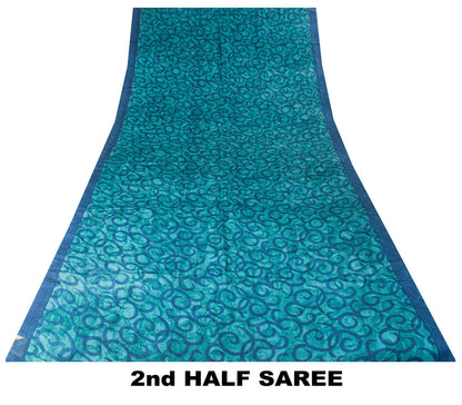 Sanskriti Vintage Abstract Print Pure Crepe Saree Blue Sari 5.5+Yd Craft Fabric
