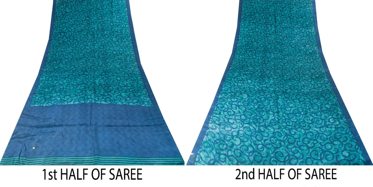 Sanskriti Vintage Abstract Print Pure Crepe Saree Blue Sari 5.5+Yd Craft Fabric