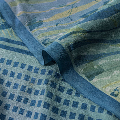 Sanskriti Vintage Saree Blue Pure Crepe Floral Printed Sari 5.5+Yd Craft Fabric
