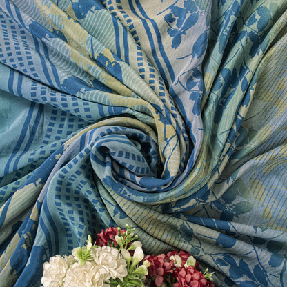 Sanskriti Vintage Saree Blue Pure Crepe Floral Printed Sari 5.5+Yd Craft Fabric