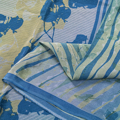 Sanskriti Vintage Saree Blue Pure Crepe Floral Printed Sari 5.5+Yd Craft Fabric