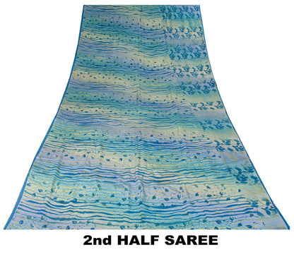 Sanskriti Vintage Saree Blue Pure Crepe Floral Printed Sari 5.5+Yd Craft Fabric