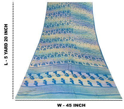Sanskriti Vintage Saree Blue Pure Crepe Floral Printed Sari 5.5+Yd Craft Fabric