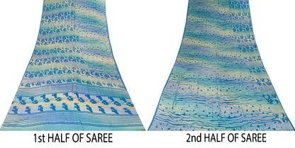 Sanskriti Vintage Saree Blue Pure Crepe Floral Printed Sari 5.5+Yd Craft Fabric