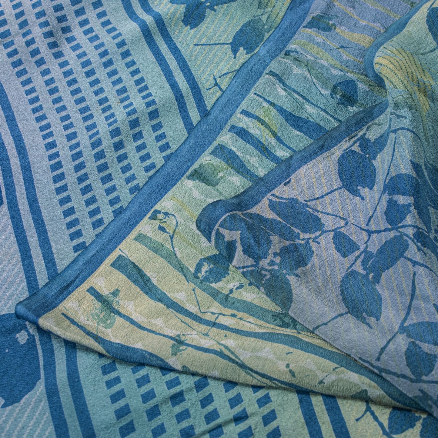 Sanskriti Vintage Saree Blue Pure Crepe Floral Printed Sari 5.5+Yd Craft Fabric