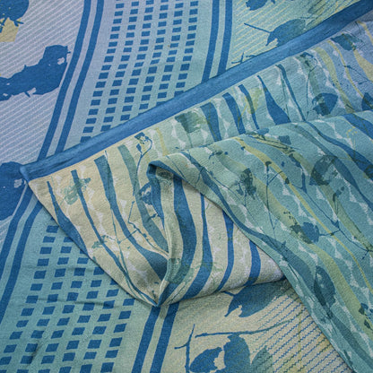 Sanskriti Vintage Saree Blue Pure Crepe Floral Printed Sari 5.5+Yd Craft Fabric