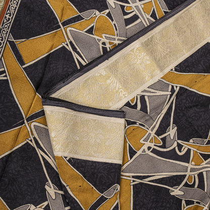 Sanskriti Vintage Saree Black Pure Crepe Abstract Print  Sari 5+Yd Craft Fabric