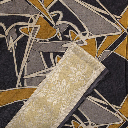 Sanskriti Vintage Saree Black Pure Crepe Abstract Print  Sari 5+Yd Craft Fabric
