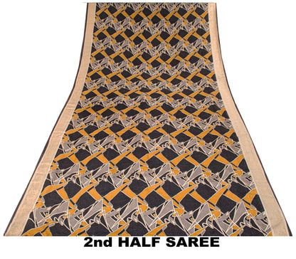 Sanskriti Vintage Saree Black Pure Crepe Abstract Print  Sari 5+Yd Craft Fabric