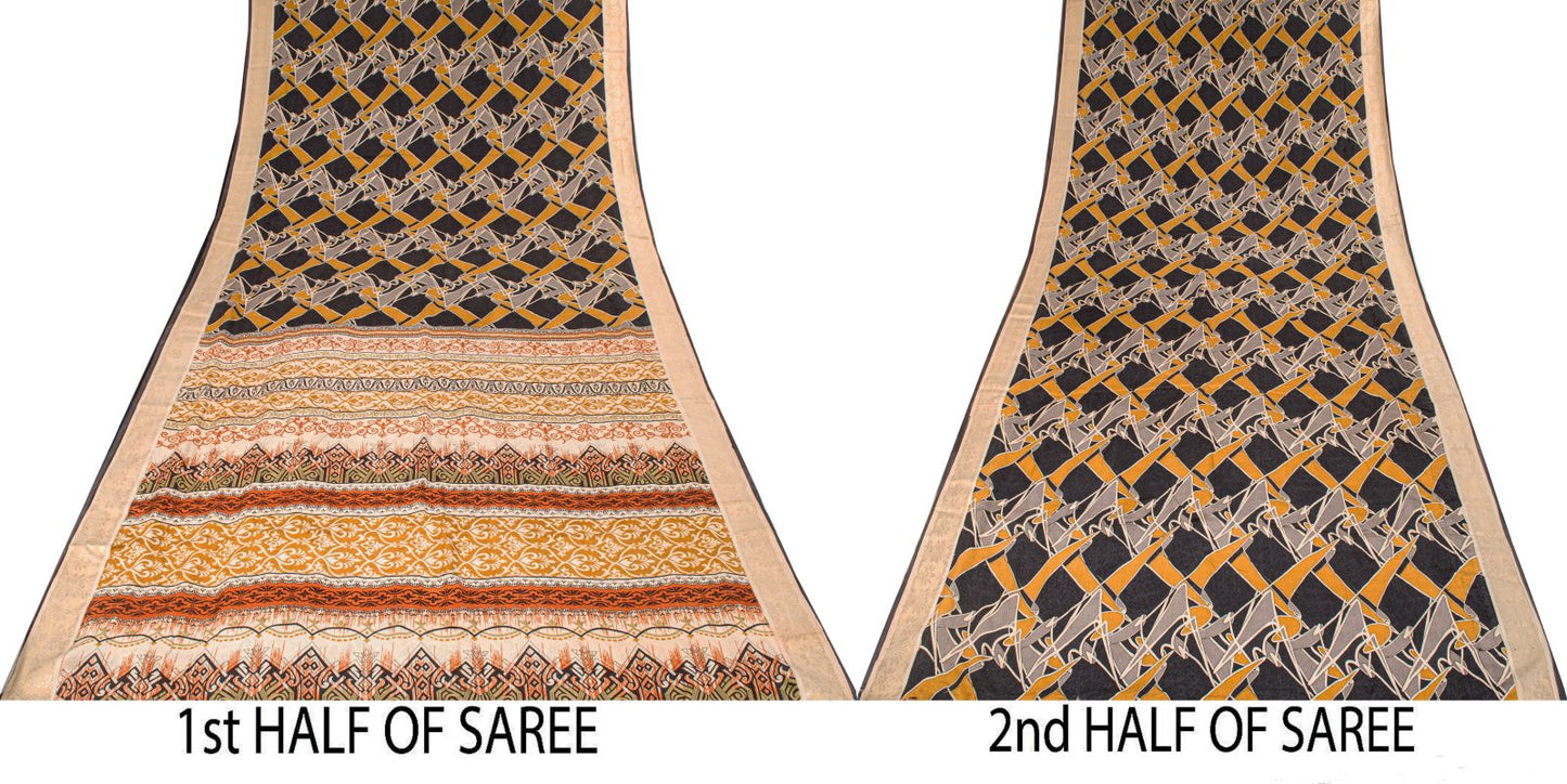 Sanskriti Vintage Saree Black Pure Crepe Abstract Print  Sari 5+Yd Craft Fabric