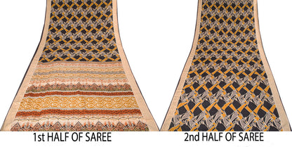 Sanskriti Vintage Saree Black Pure Crepe Abstract Print  Sari 5+Yd Craft Fabric