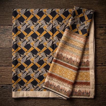 Sanskriti Vintage Saree Black Pure Crepe Abstract Print  Sari 5+Yd Craft Fabric